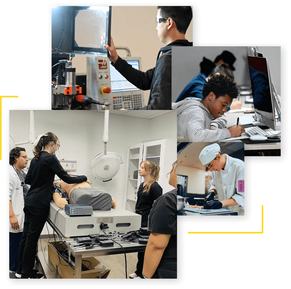 Collage of students engaging in hands-on career training, including operating manufacturing equipment, practicing medical skills on a simulation mannequin, studying at computers, and preparing food in a culinary lab.